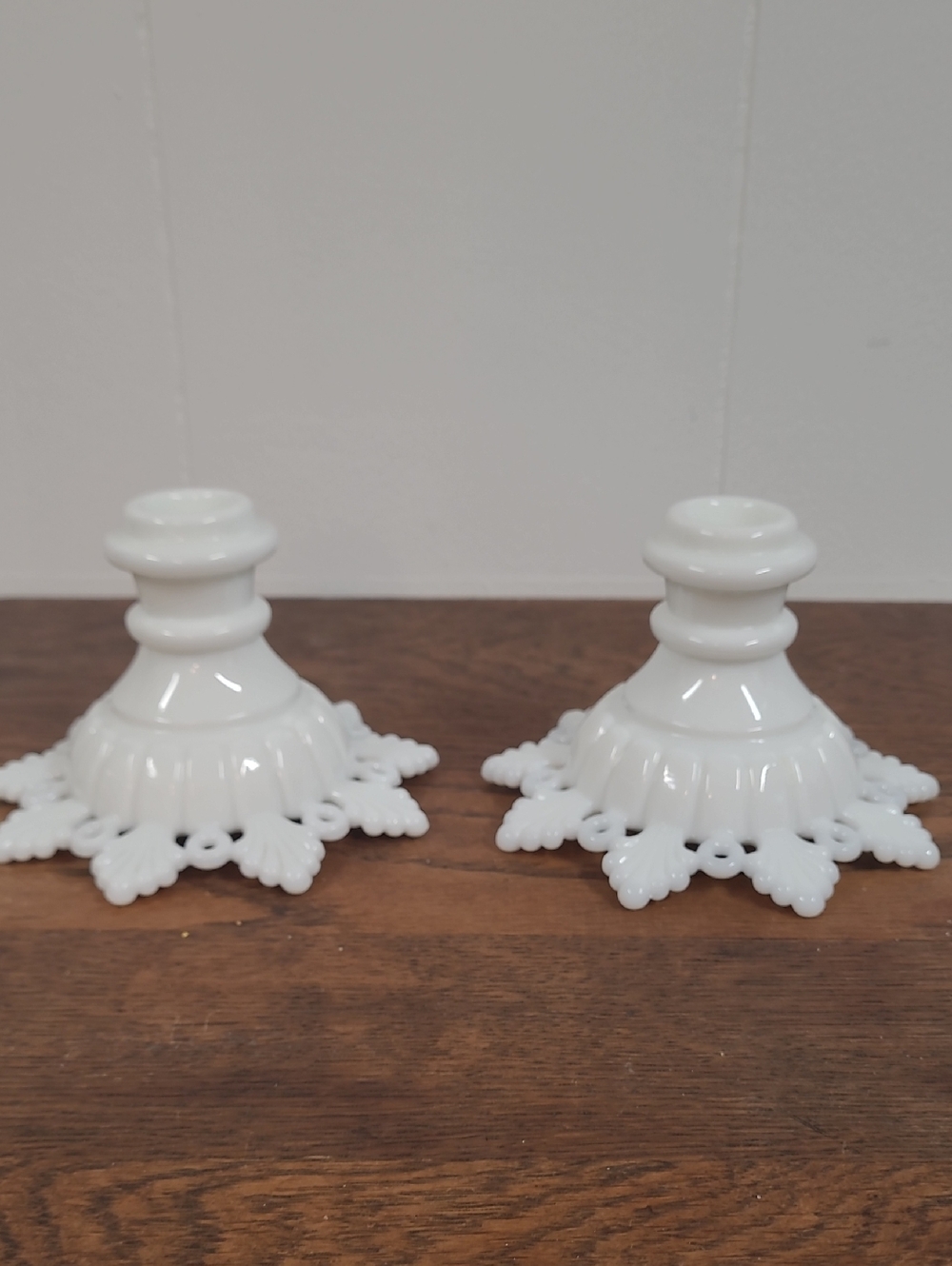 Vintage White Milk Glass Ring & Petal Pattern Candlesticks by Westmoreland